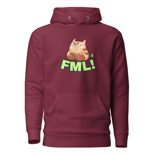 Women's maroon hoodie with a printed graphic of a cat with the words, 'FML!'. Designed by Wizard Prints.