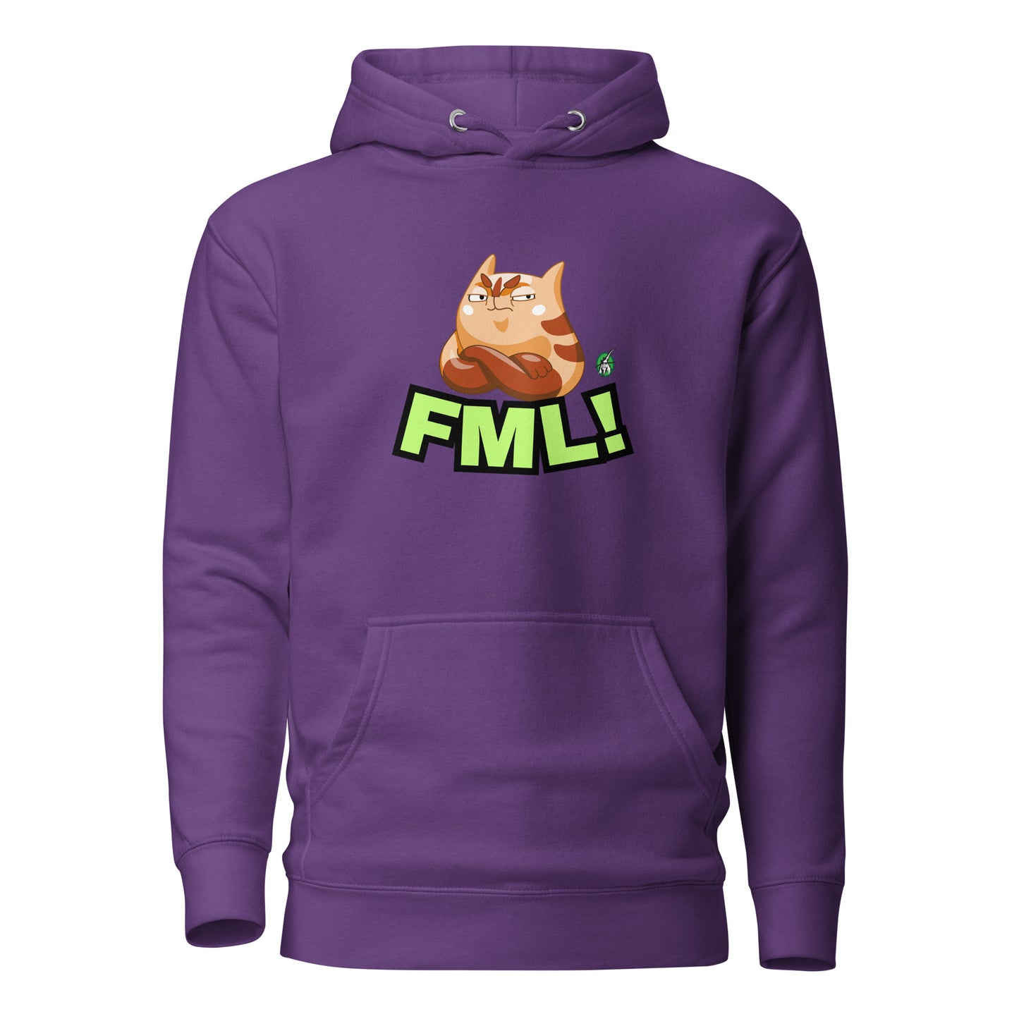 Women's purple hoodie with a printed graphic of a cat with the words, 'FML!'. Designed by Wizard Prints.