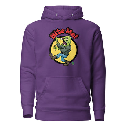 Women's purple hoodie with a printed graphic of a zombie with the words, Bite Me'. Designed by Wizard Prints.