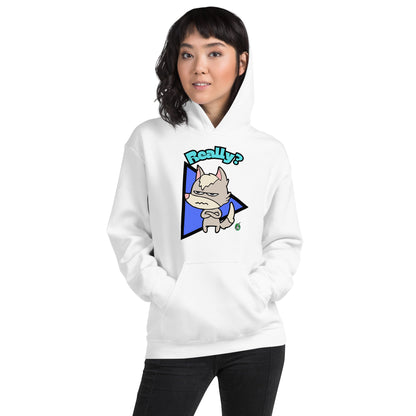 A woman standing and wearing a white hoodie with a printed graphic of a grumpy fox with the word, 'Really?'. Designed by Wizard Prints.
