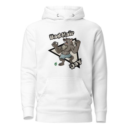 Women's white hoodie with a printed graphic of a werewolf with the words, Bad Hair Day. Designed by Wizard Prints.