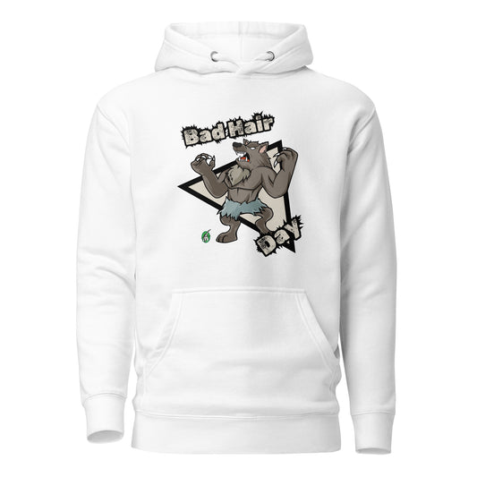 Women's white hoodie with a printed graphic of a werewolf with the words, Bad Hair Day. Designed by Wizard Prints.