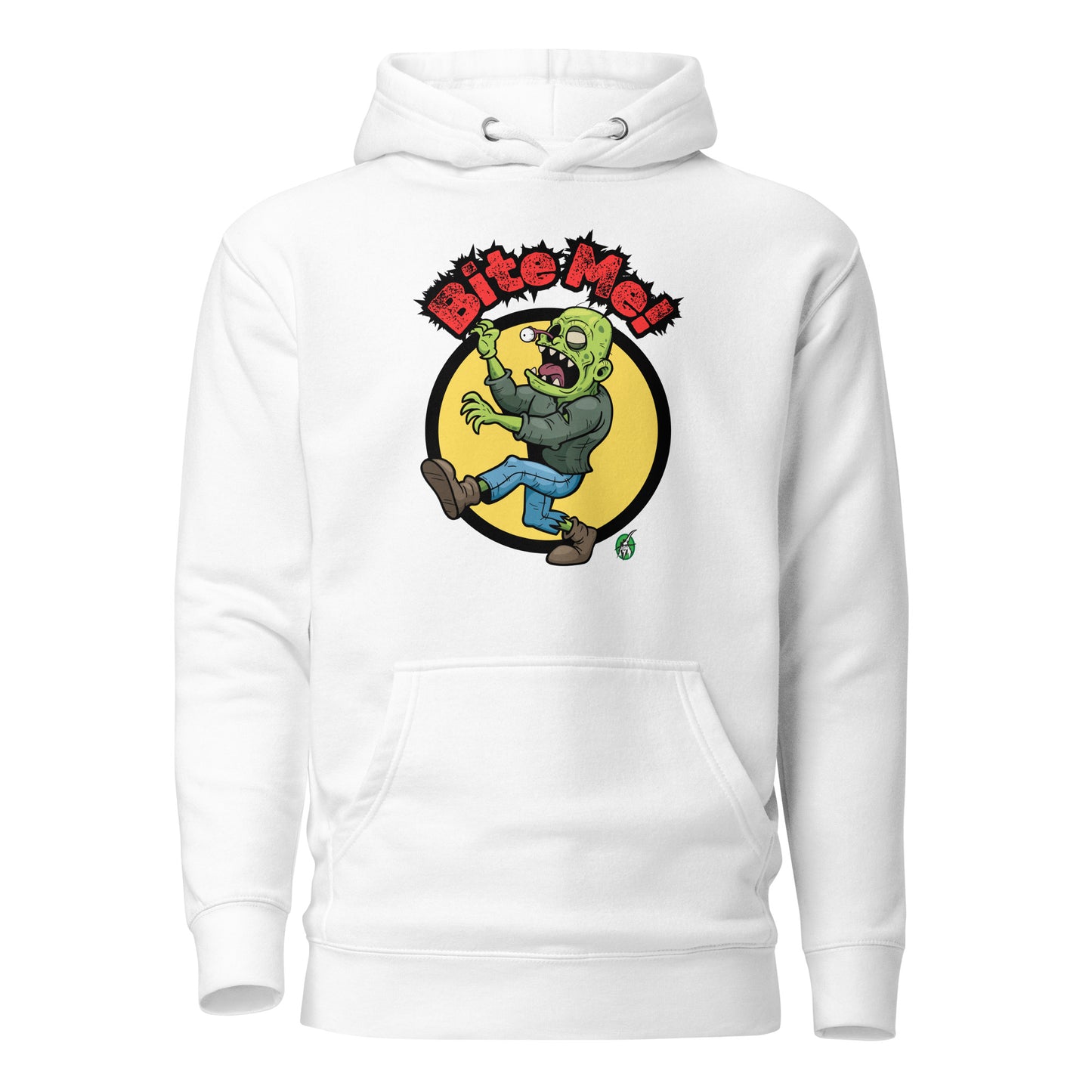 Women's white hoodie with a printed graphic of a zombie with the words, Bite Me'. Designed by Wizard Prints