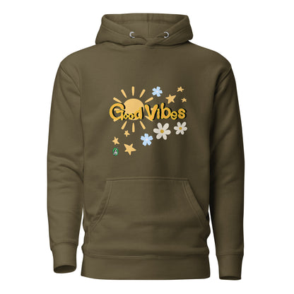 Women's military green hoodie with a printed graphic of the sun with the words, 'Good Vibes'. Designed by Wizard Prints