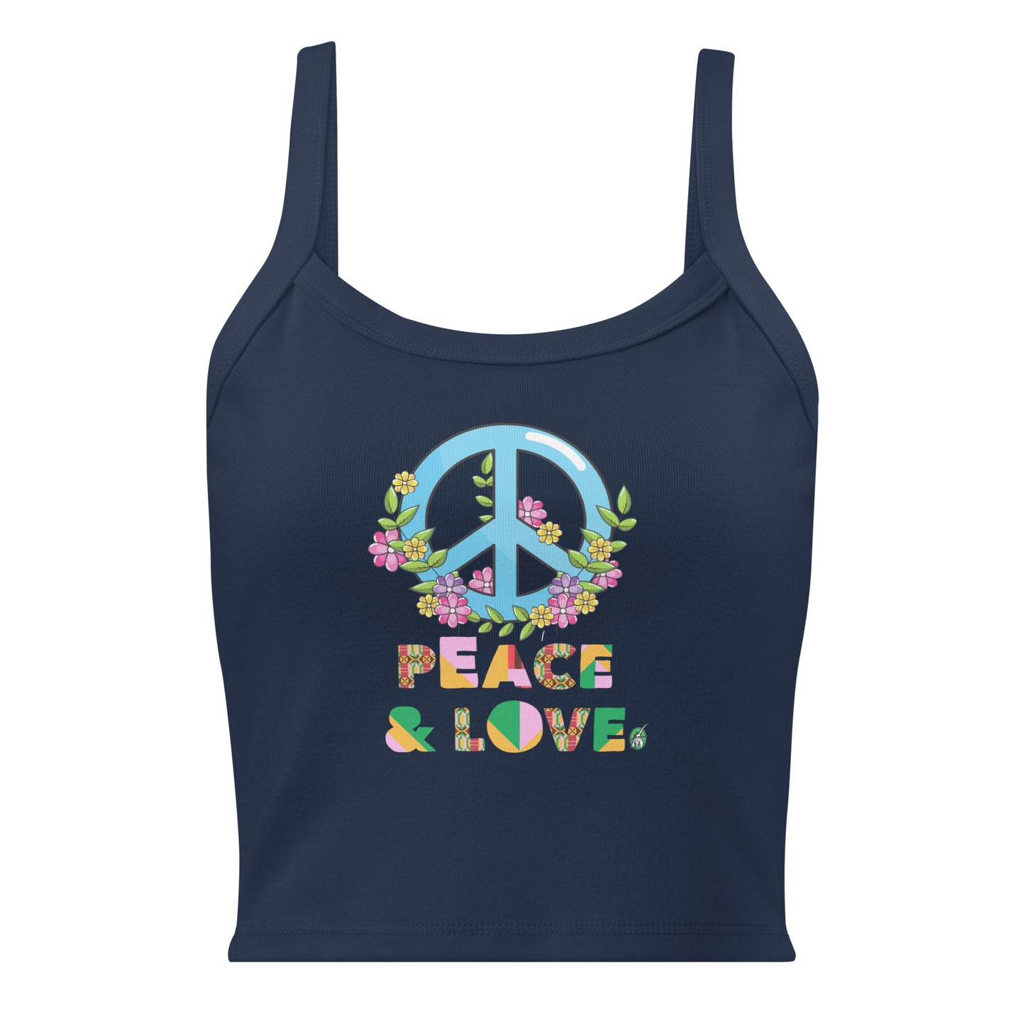 Women's navy tank top with Peace and Love slogan part of the Festival Outfit Ideas from Wizard Prints Shop