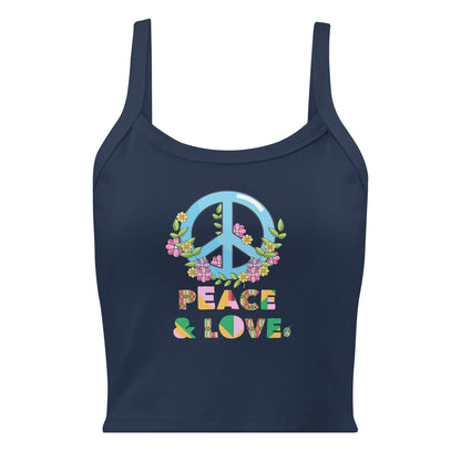 Women's navy tank top with Peace and Love slogan part of the Festival Outfit Ideas from Wizard Prints Shop