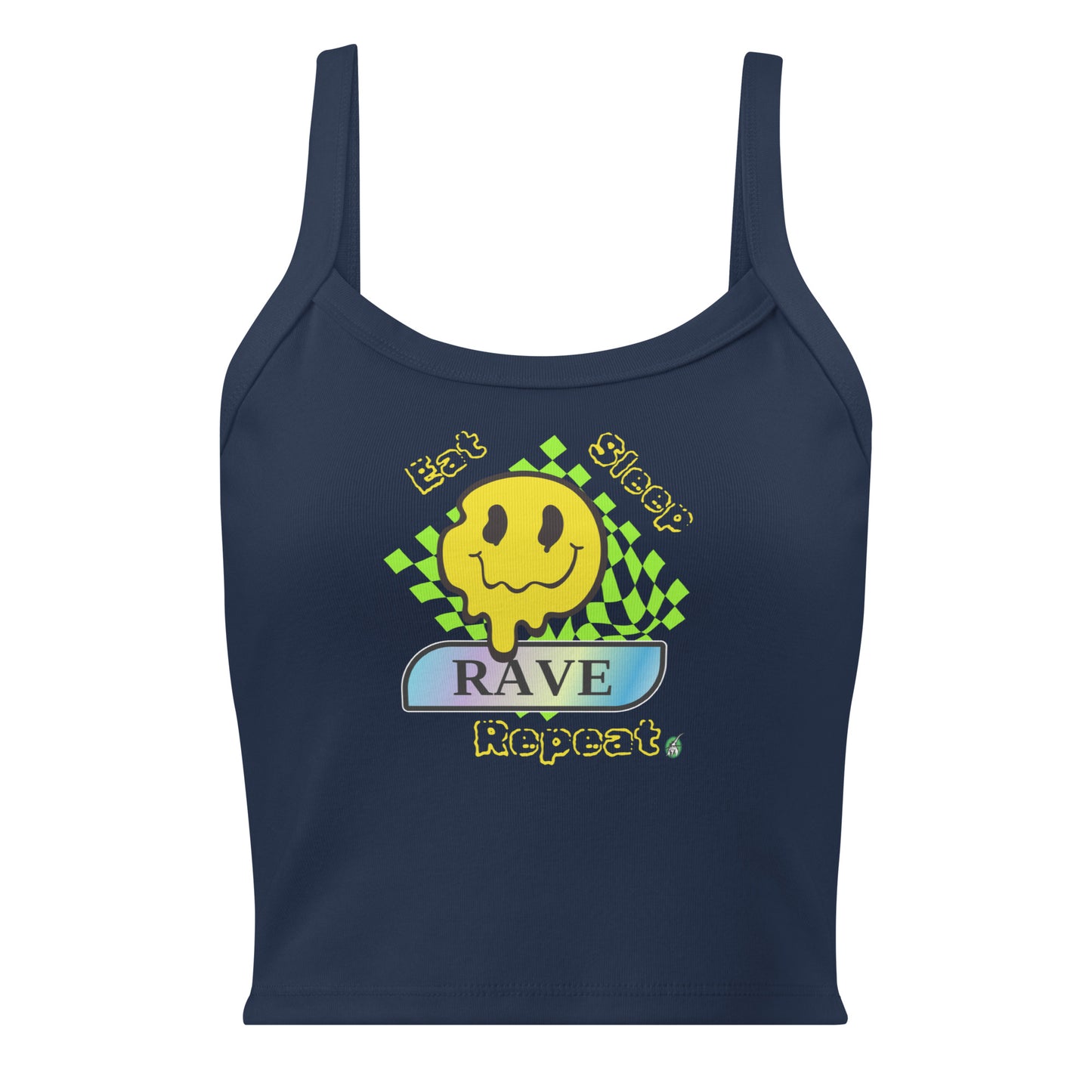 Women's navy tank top with Eat Sleep Rave Repeat slogan part of the Festival Outfit Ideas from Wizard Prints Shop