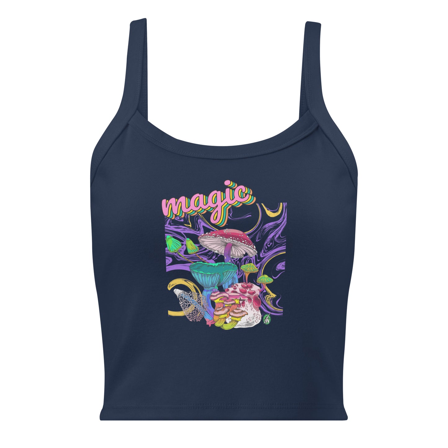 Women's navy tank top with Magic Mushroom slogan part of the Festival Outfit Ideas from Wizard Prints Shop