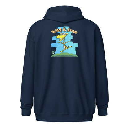 Women's navy funny zip-through hoodie with a giraffe running with the words, 'wild and free' on the back by Wizard Prints
