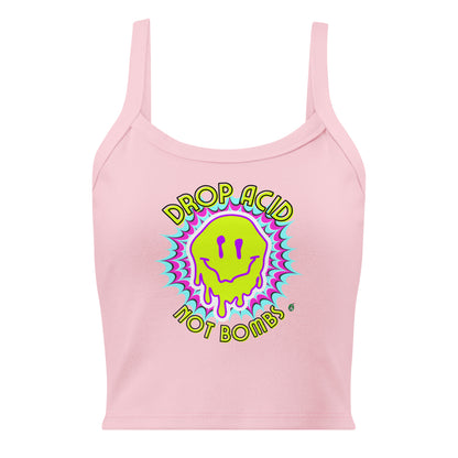 Women's pink tank top with Drop Acid Not Bombs slogan part of the Festival Outfit Ideas from Wizard Prints Shop