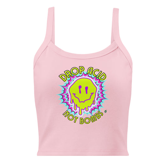 Women's pink tank top with Drop Acid Not Bombs slogan part of the Festival Outfit Ideas from Wizard Prints Shop
