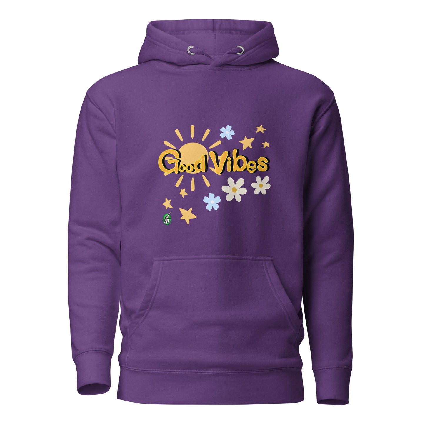 Women's purple hoodie with a printed graphic of the sun with the words, 'Good Vibes'. Designed by Wizard Prints