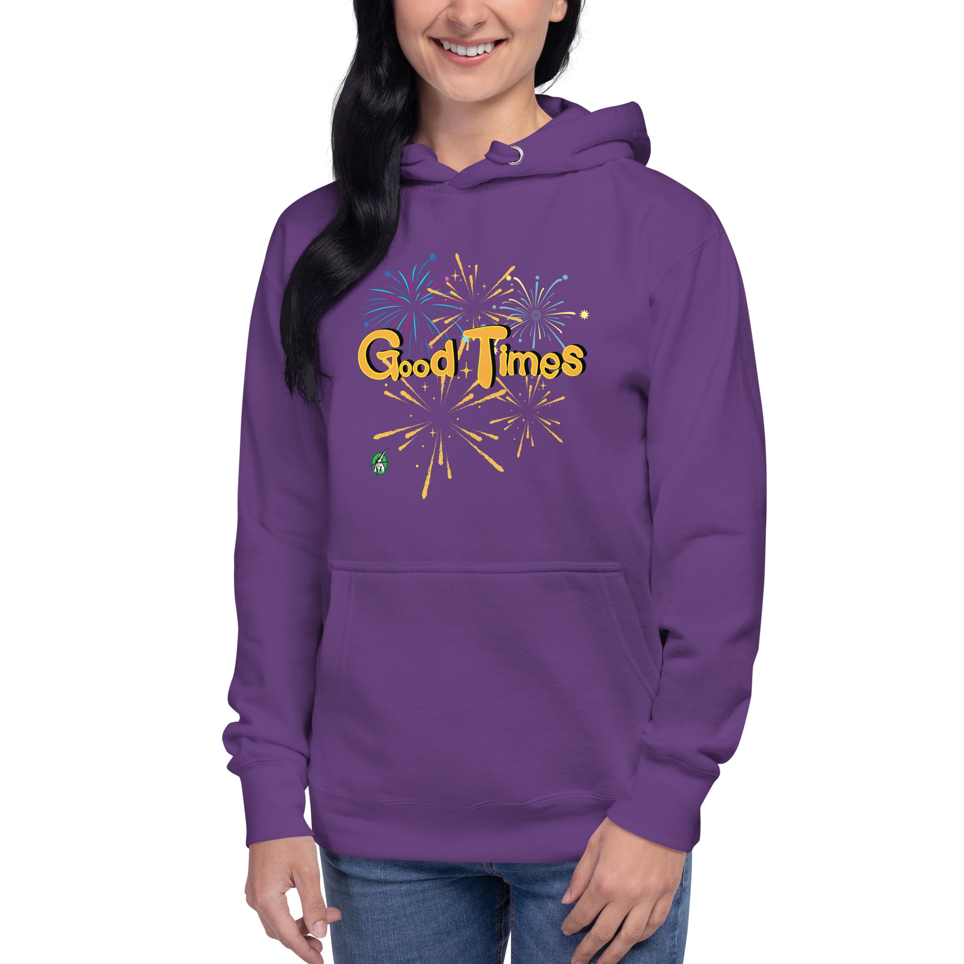 A woman standing wearing a purple hoodie with a printed graphic of fireworks with the words, 'Good Times'. Designed by Wizard Prints