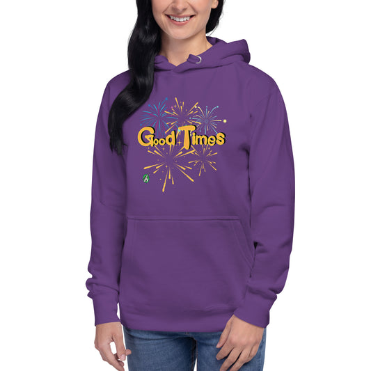 A woman standing wearing a purple hoodie with a printed graphic of fireworks with the words, 'Good Times'. Designed by Wizard Prints