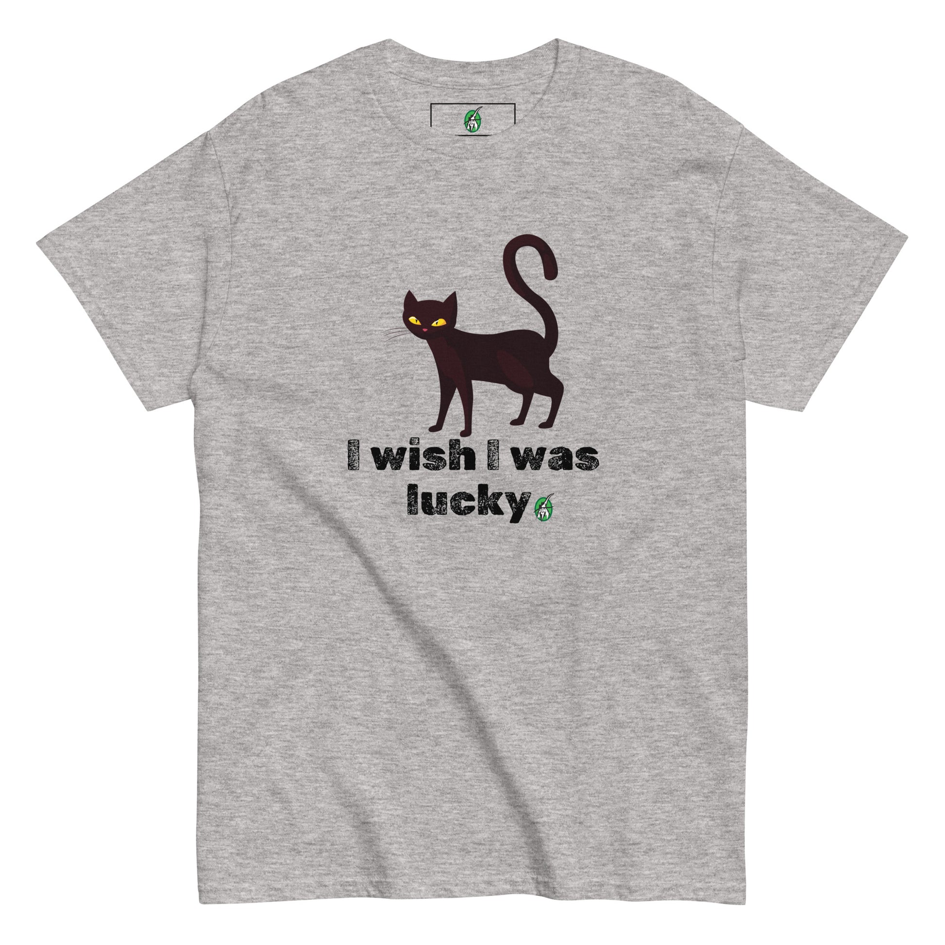 Women's grey T-Shirt with a printed graphic of a cat with the words, 'I Wish I Was Lucky'. Designed by Wizard Prints