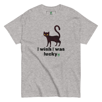 Women's grey T-Shirt with a printed graphic of a cat with the words, 'I Wish I Was Lucky'. Designed by Wizard Prints