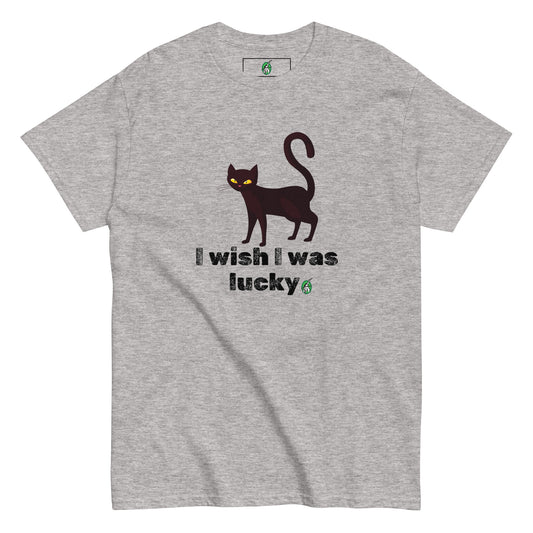 Women's grey T-Shirt with a printed graphic of a cat with the words, 'I Wish I Was Lucky'. Designed by Wizard Prints