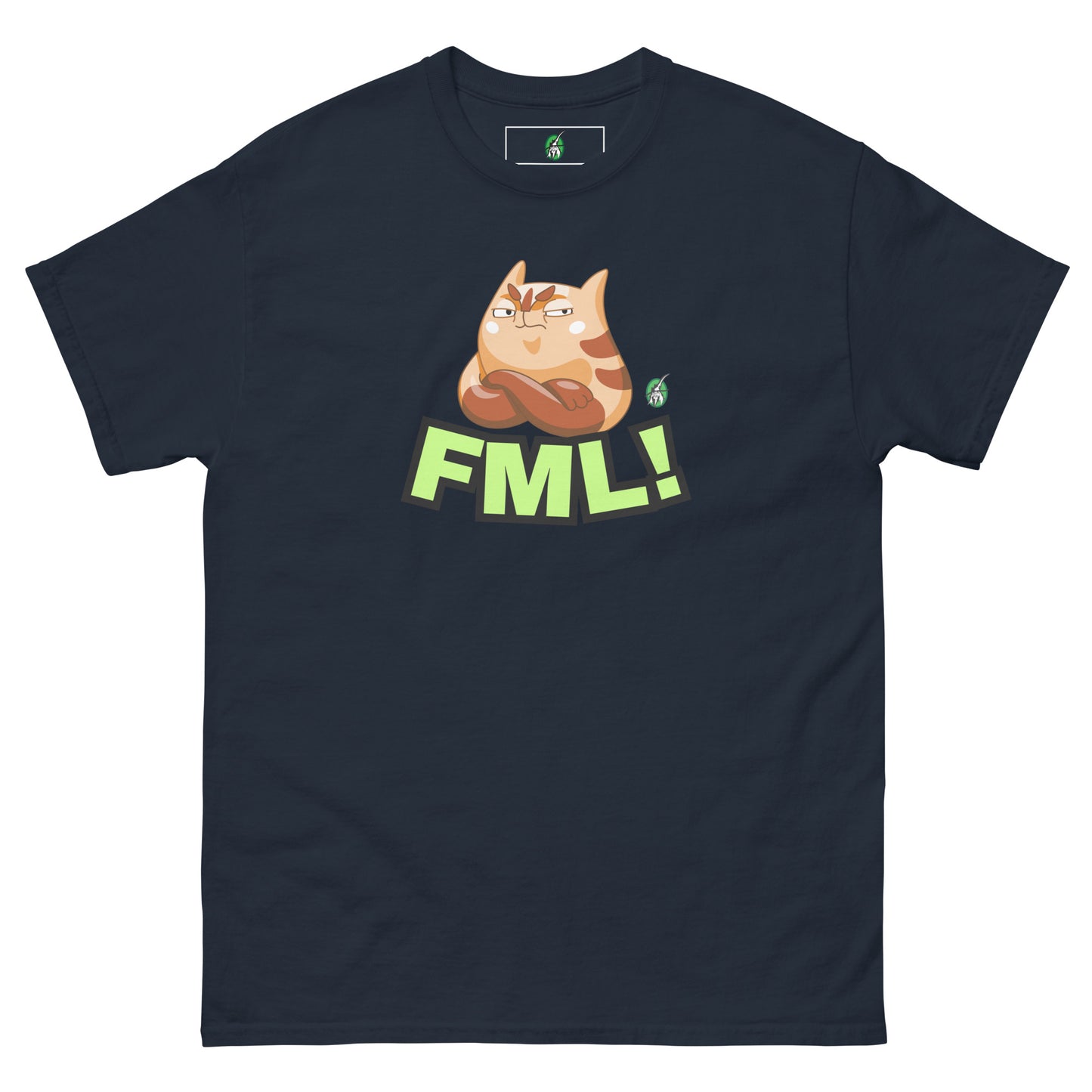 Women's navy t-shirt with a printed graphic of a cat with the words, 'FML!'. Designed by Wizard Prints.