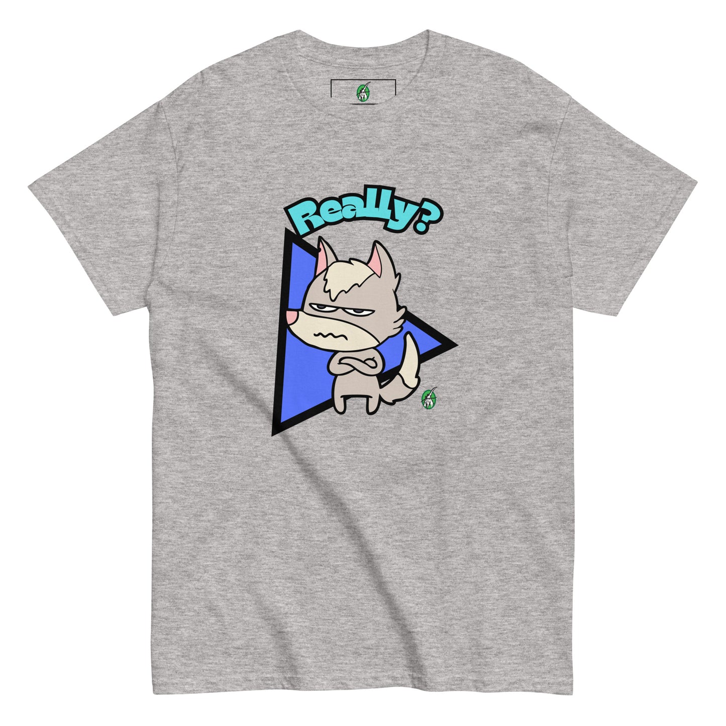 Women's light grey t-shirt with a printed graphic of a grumpy fox with the word, 'Really?'. Designed by Wizard Prints.