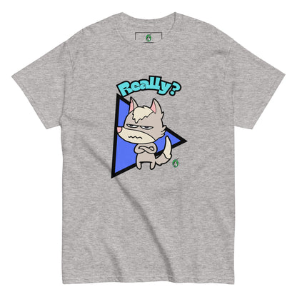 Women's light grey t-shirt with a printed graphic of a grumpy fox with the word, 'Really?'. Designed by Wizard Prints.