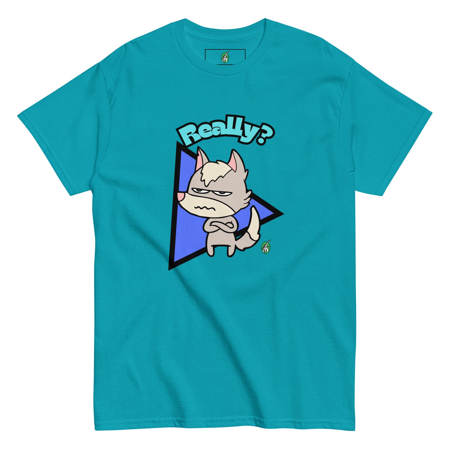 Women's tropical blue t-shirt with a printed graphic of a grumpy fox with the word, 'Really?'. Designed by Wizard Prints.