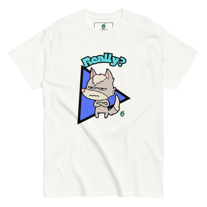 Women's white t-shirt with a printed graphic of a grumpy fox with the word, 'Really?'. Designed by Wizard Prints.