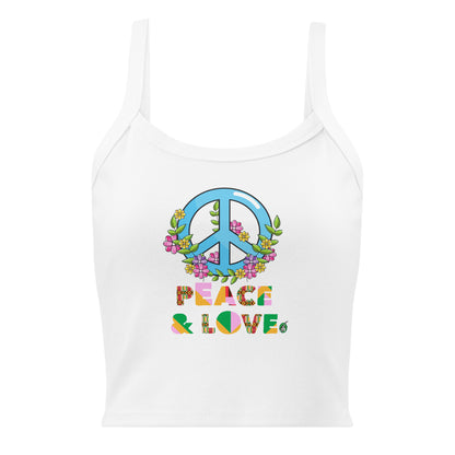 Women's white tank top with Peace and Love slogan part of the Festival Outfit Ideas from Wizard Prints Shop