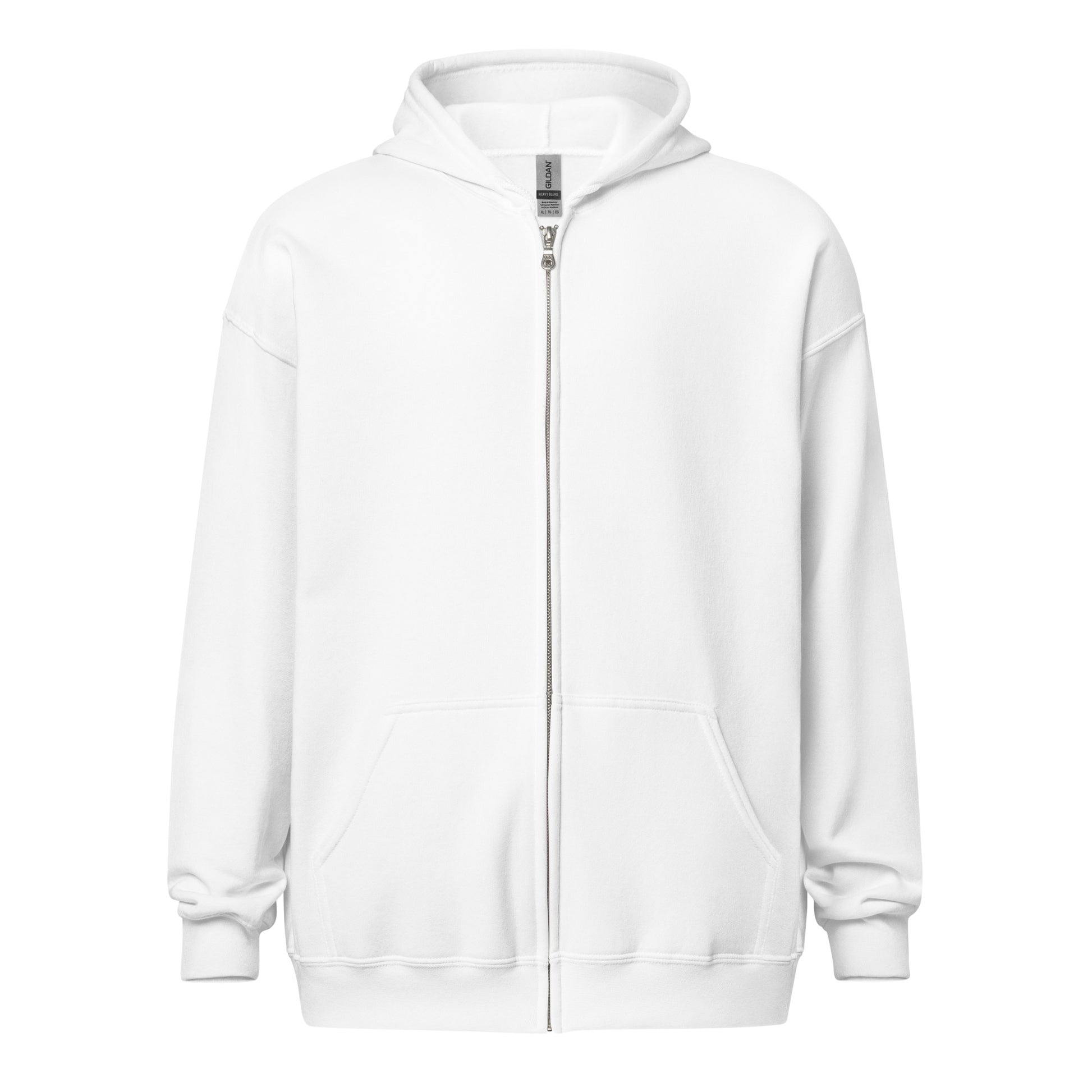 Front view of a women's white zip through hoodie by Wizard Prints Shop