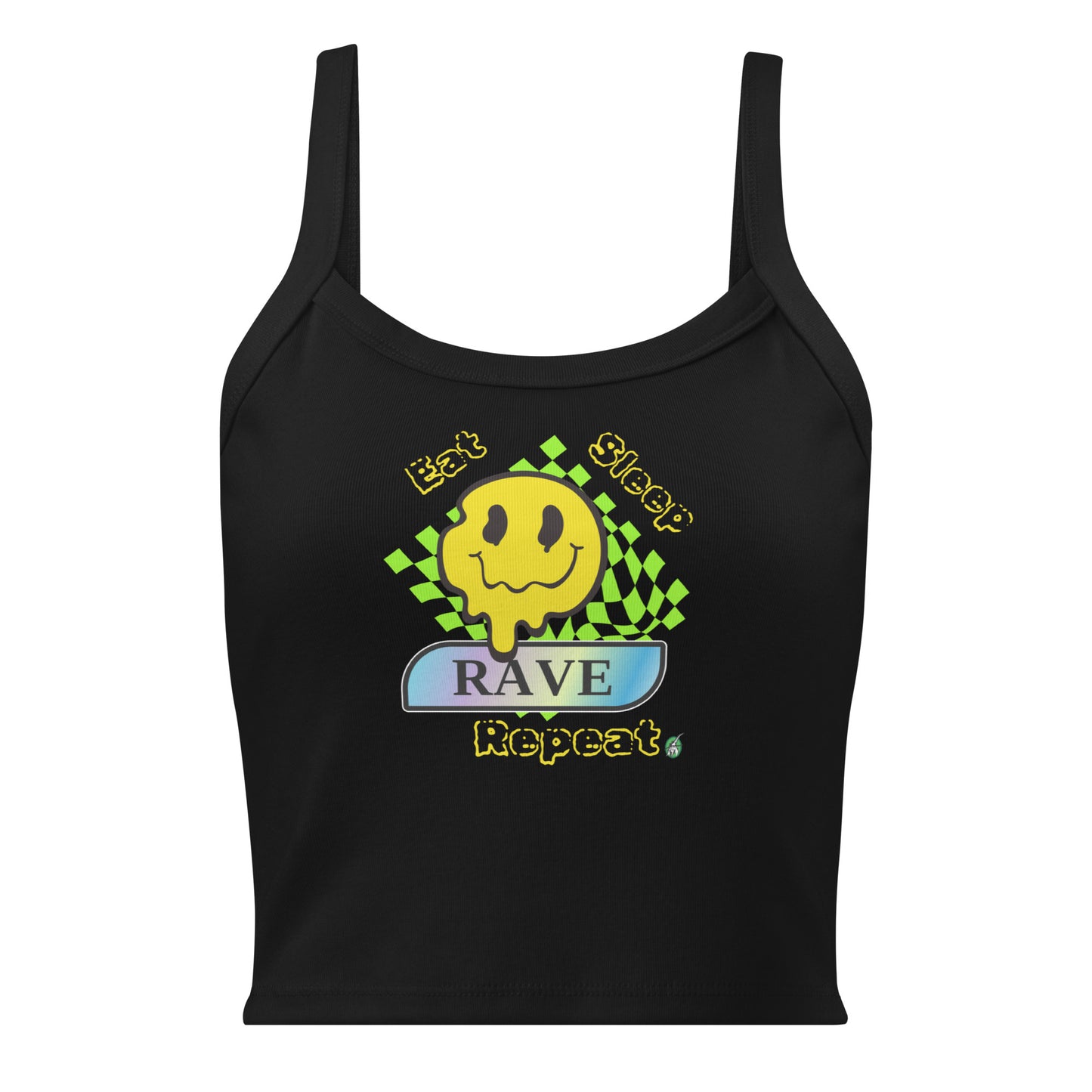 Women's black tank top with Eat Sleep Rave Repeat slogan part of the Festival Outfit Ideas from Wizard Prints Shop