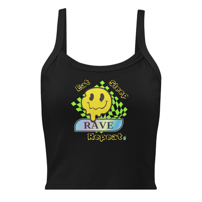 Women's black tank top with Eat Sleep Rave Repeat slogan part of the Festival Outfit Ideas from Wizard Prints Shop