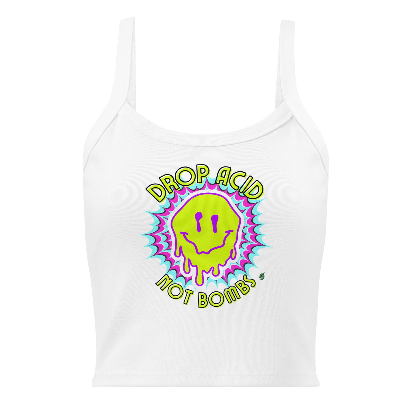Women's white tank top with Drop Acid Not Bombs slogan, part of the Festival Outfit Ideas from Wizard Prints Shop