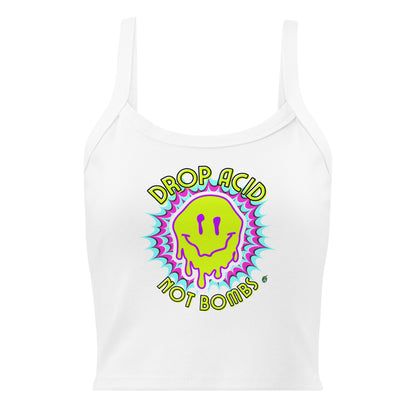 Women's white tank top with Drop Acid Not Bombs slogan, part of the Festival Outfit Ideas from Wizard Prints Shop