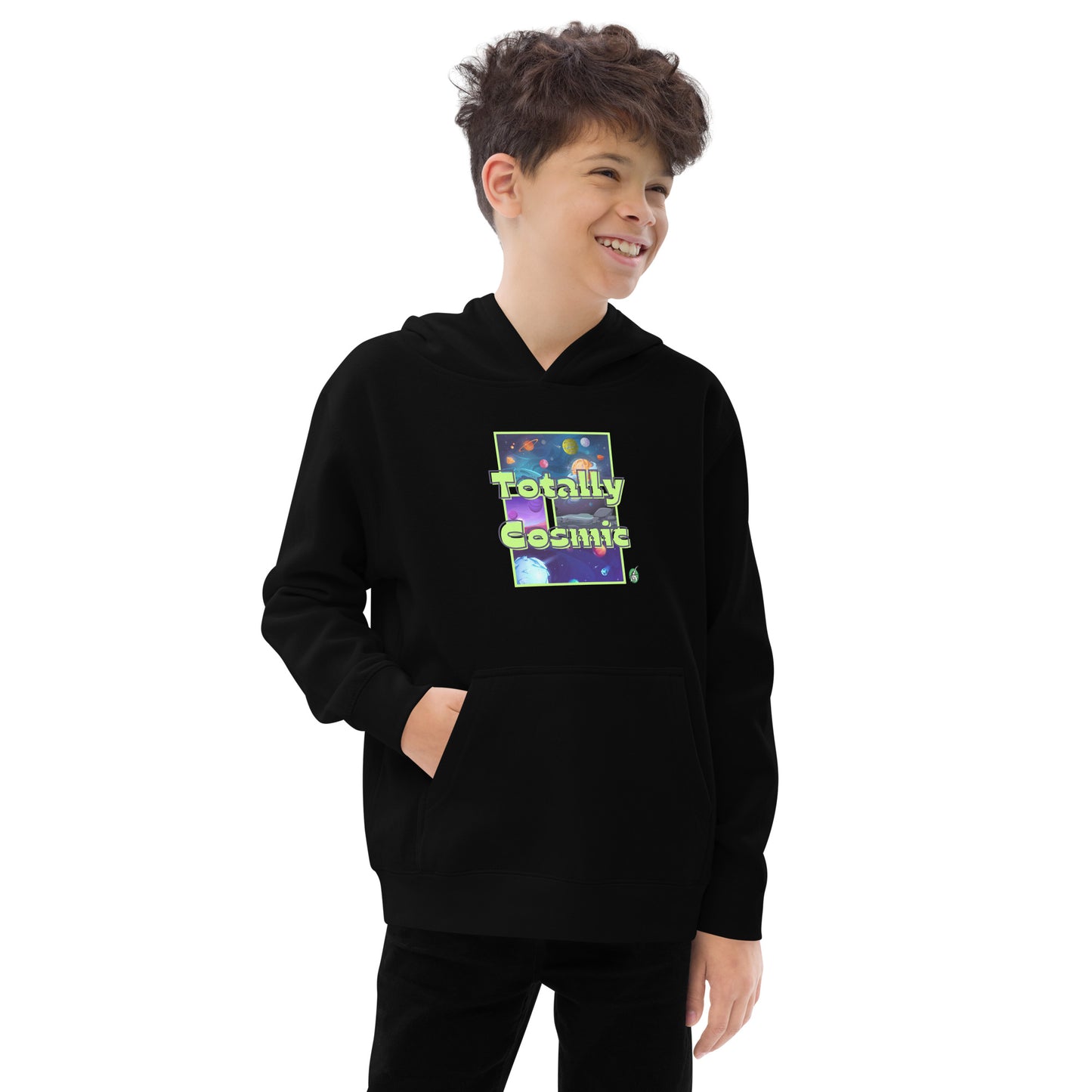 A boy standing wearing a black kids hoodie with a graphic of the cosmos and the words Totally Cosmic, by Wizard Prints