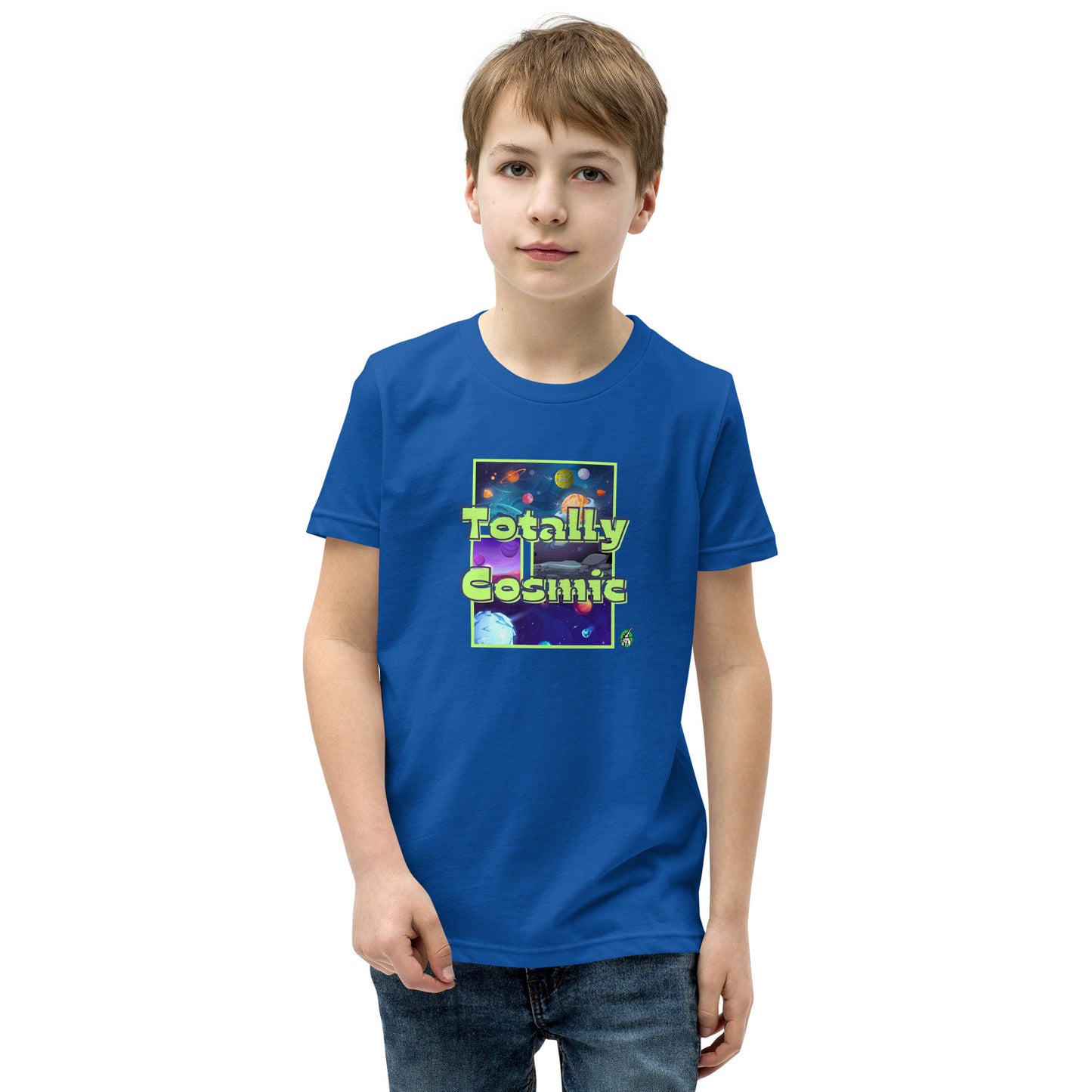 A boy standing wearing a blue kids t-shirt with a graphic of the cosmos and the words Totally Cosmic, by Wizard Prints