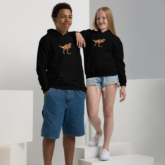 A boy and girl wearing a Wizard Prints kids hoodie in black with a printed graphic on the front of a life like dinosaur