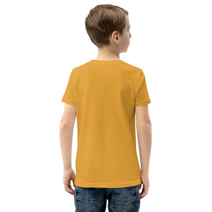 A kids mustard graphic t-shirt plain back view by Wizard Prints Shop