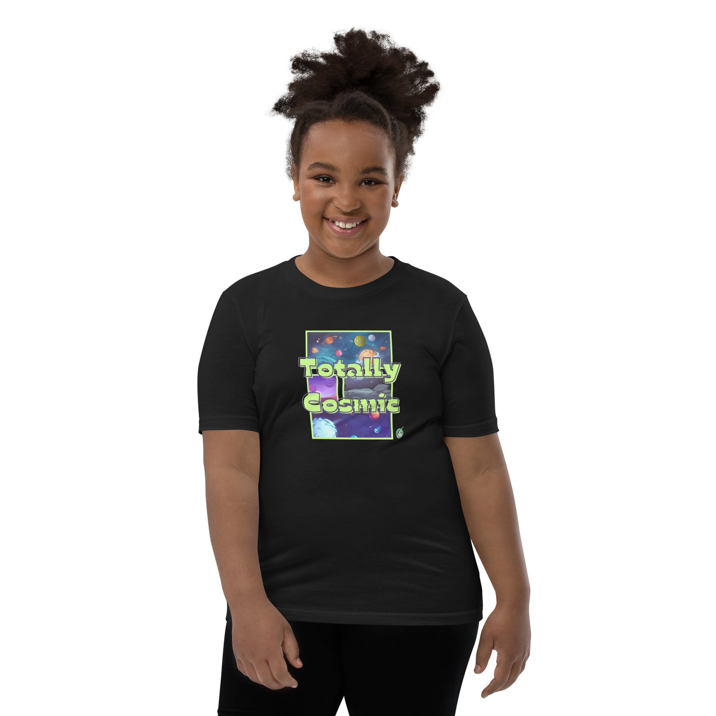 A girl standing wearing a black kids t-shirt with a graphic of the cosmos and the words Totally Cosmic, by Wizard Prints