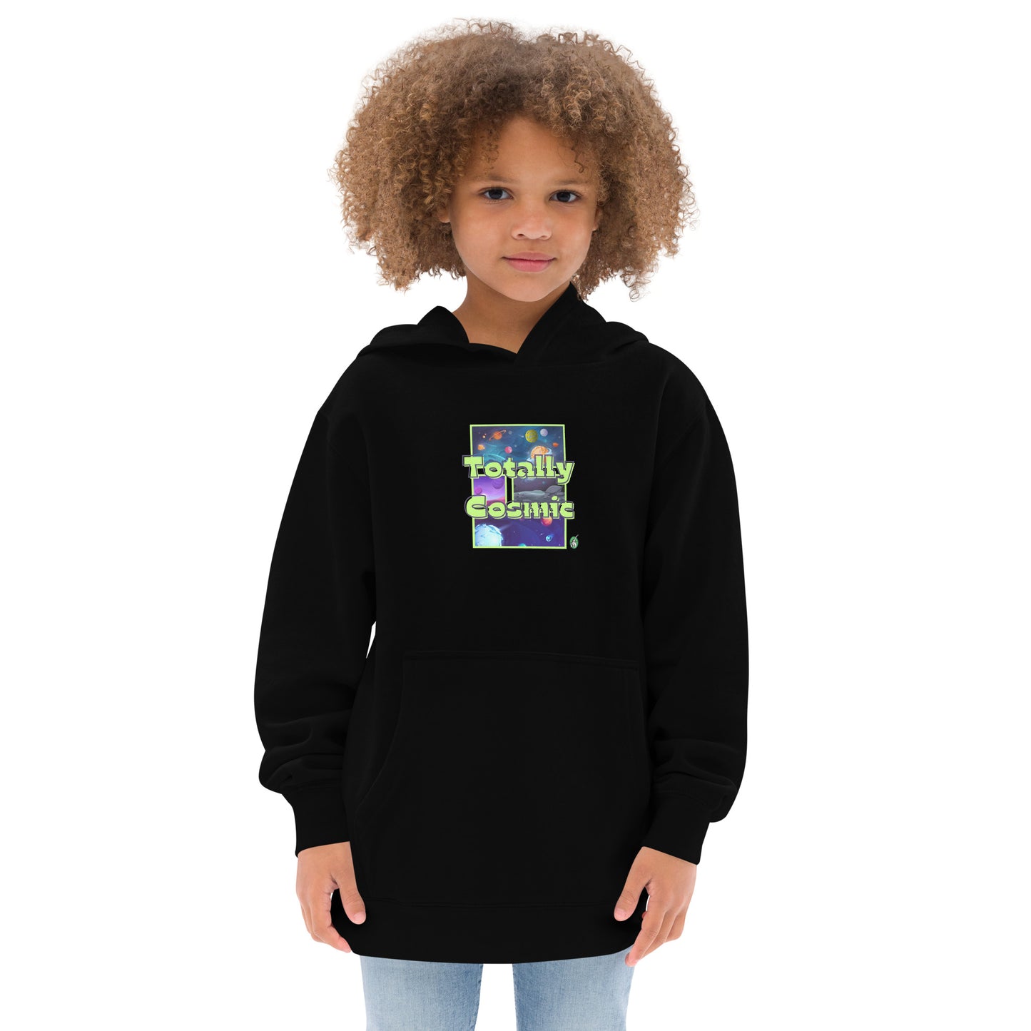 A girl standing wearing a black kids hoodie with a graphic of the cosmos and the words Totally Cosmic, by Wizard Prints