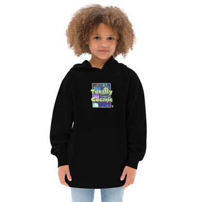A girl standing wearing a black kids hoodie with a graphic of the cosmos and the words Totally Cosmic, by Wizard Prints
