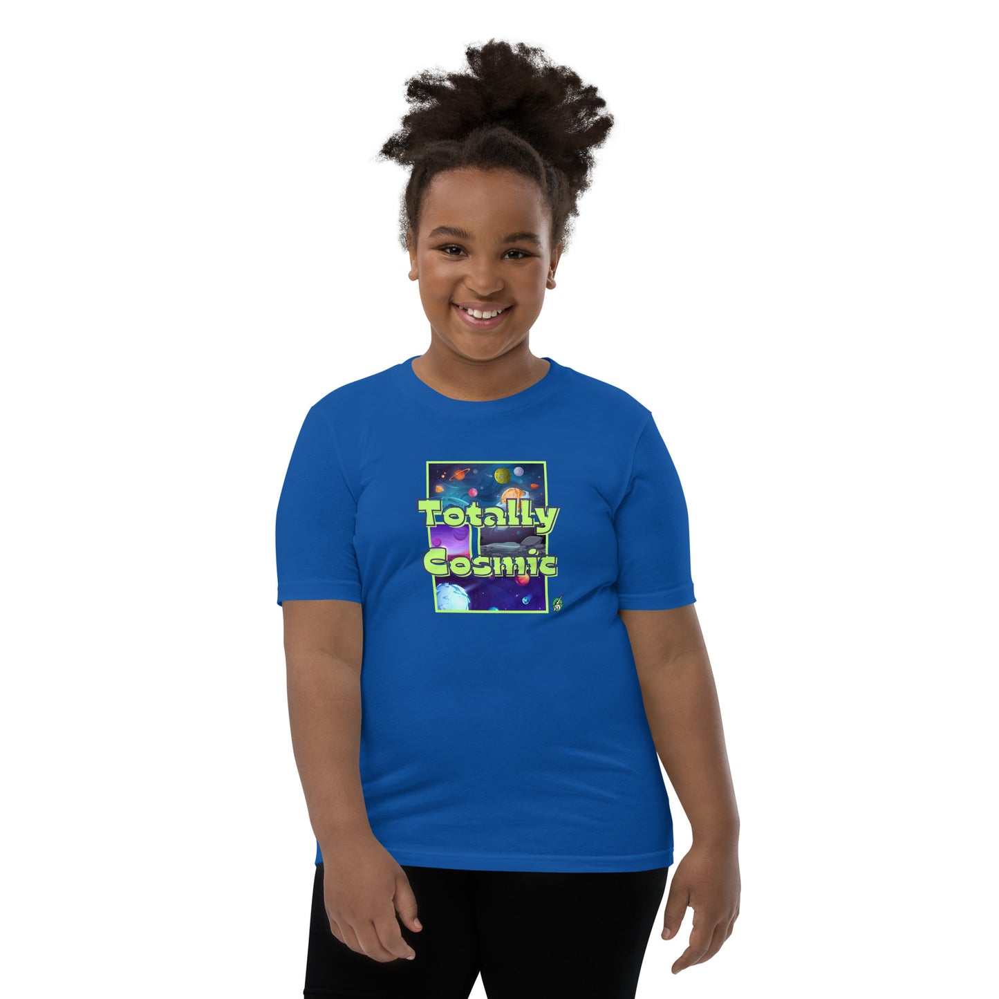 A girl standing wearing a blue kids t-shirt with a graphic of the cosmos and the words Totally Cosmic, by Wizard Prints