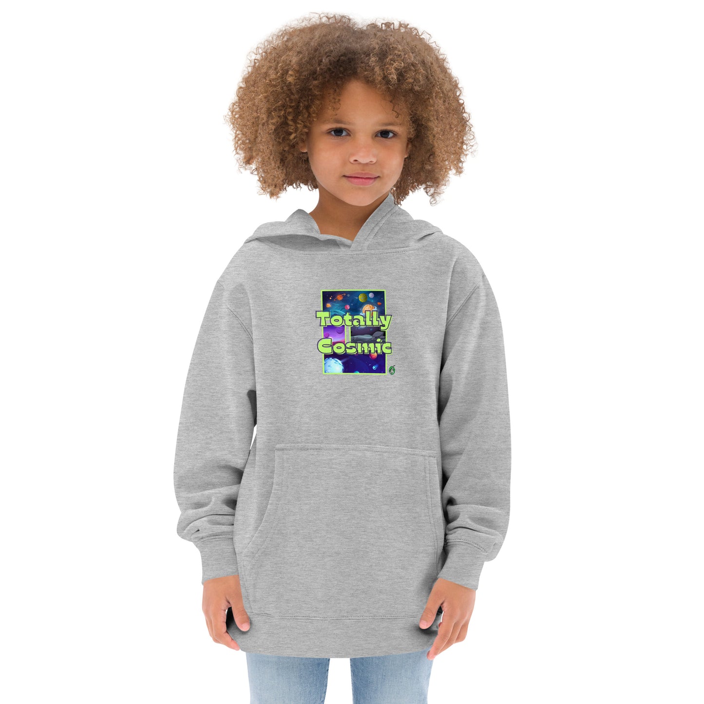 A girl standing wearing a grey kids hoodie with a graphic of the cosmos and the words Totally Cosmic, by Wizard Prints