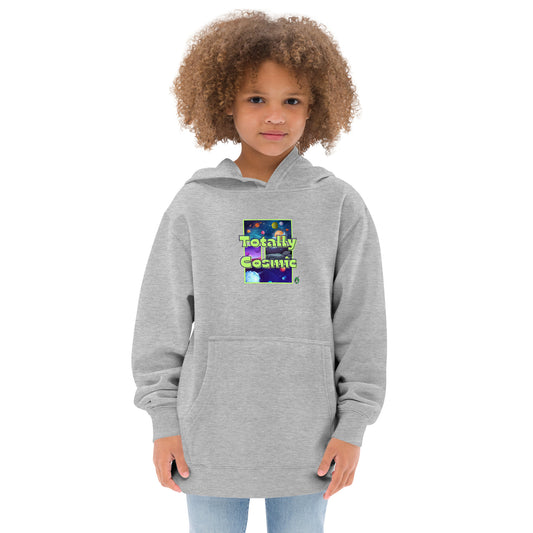 A girl standing wearing a grey kids hoodie with a graphic of the cosmos and the words Totally Cosmic, by Wizard Prints