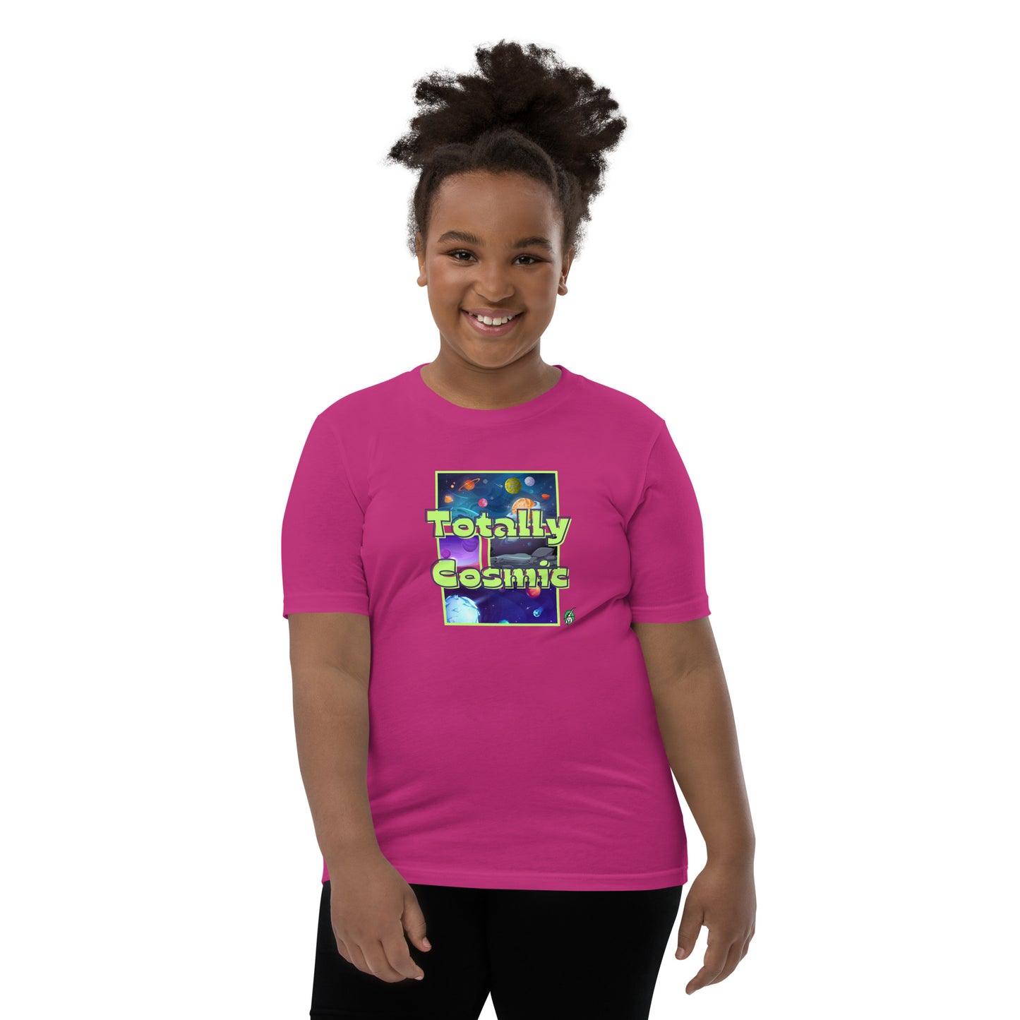 A girl standing wearing a pink kids t-shirt with a graphic of the cosmos and the words Totally Cosmic, by Wizard Prints