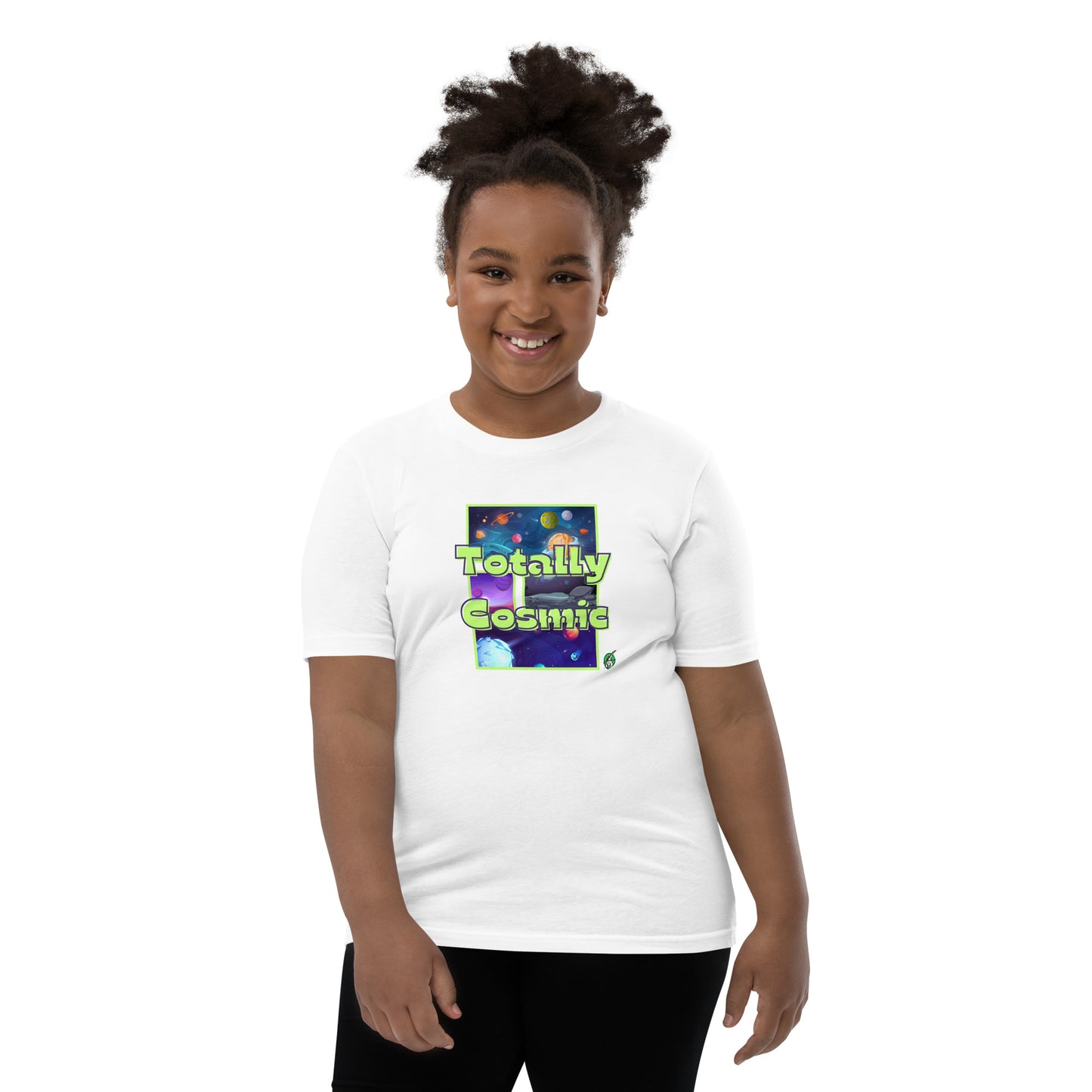 A girl standing wearing a white kids t-shirt with a graphic of the cosmos and the words Totally Cosmic, by Wizard Prints
