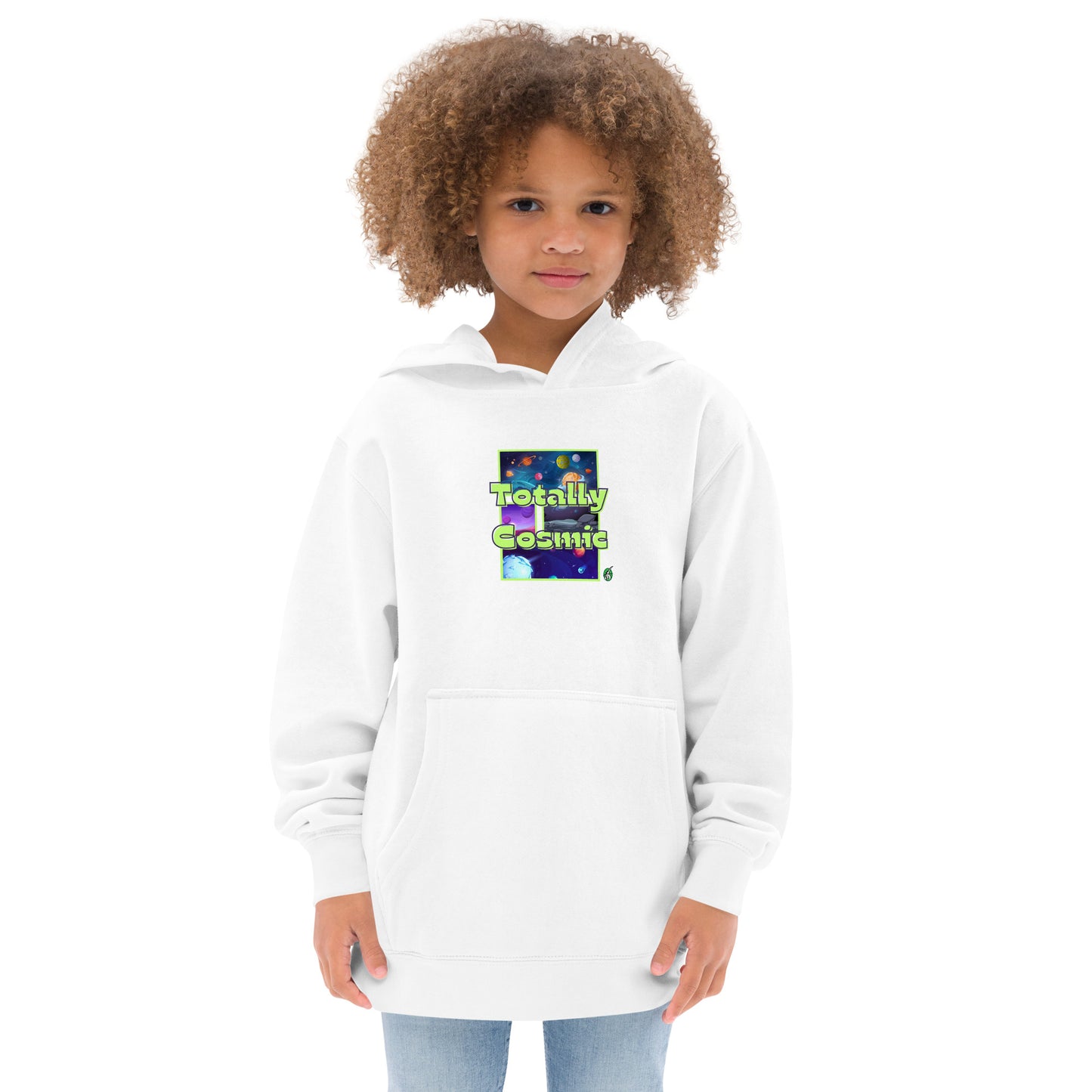 A girl standing wearing a white kids hoodie with a graphic of the cosmos and the words Totally Cosmic, by Wizard Prints