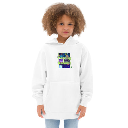 A girl standing wearing a white kids hoodie with a graphic of the cosmos and the words Totally Cosmic, by Wizard Prints