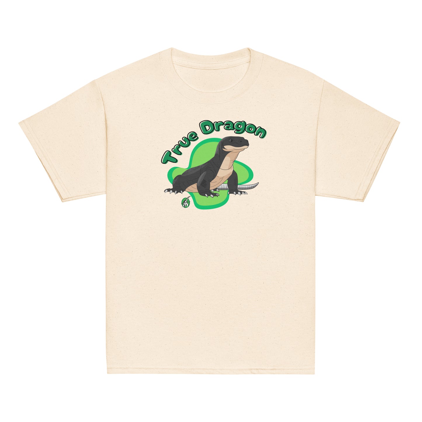 Kids' beige t-shirt featuring a printed graphic of a komodo dragon and the words, True Dragon. Designed by Wizard Prints.