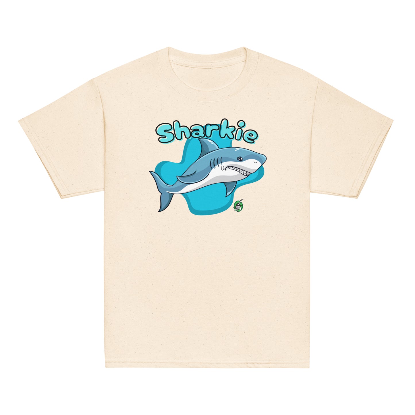 Kids' beige t-shirt featuring a printed graphic of a cartoon shark and the word, Sharkie, by Wizard Prints.