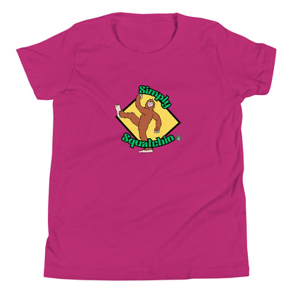 Kids' berry pink graphic t-shirt with a brown sasquatch and the statement, Simply Squatchin on a yellow background, by Wizard Prints