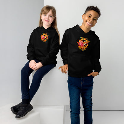  A boy standing and a girl sitting both wearing a black kids graphic hoodie with a red dragon breathing fire and the statement unleash the dragon, by Wizard Prints